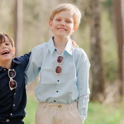 Barn Geggamoja Skjortor<Linneskjorta lång arm Ljusblå