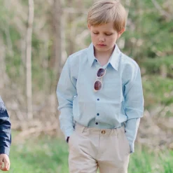 Barn Geggamoja Skjortor<Linneskjorta lång arm Ljusblå
