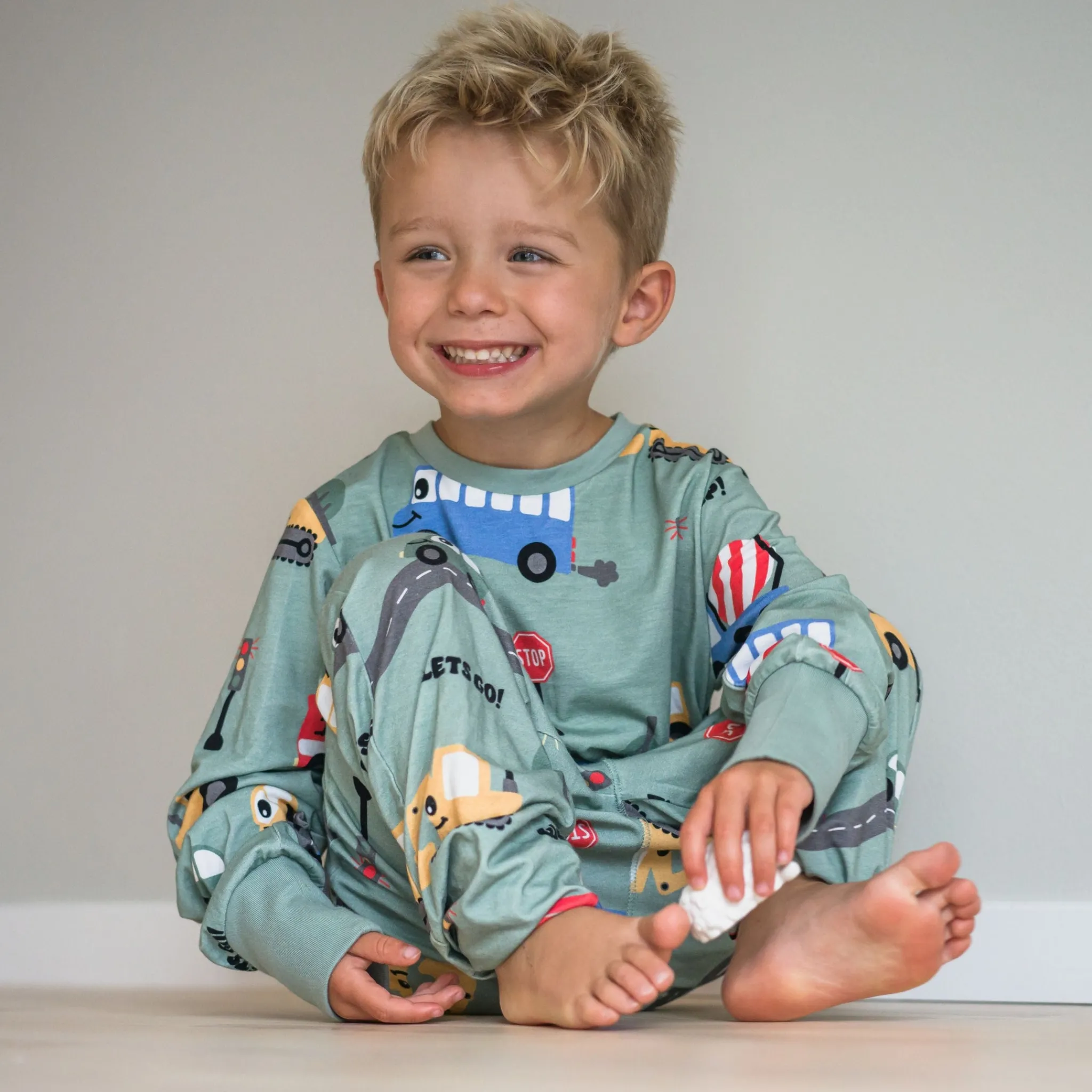 Barn Geggamoja Pyjamas Tvådelad|Bambukläder<Pyjamas tvådelad Bambu Traktor Grön