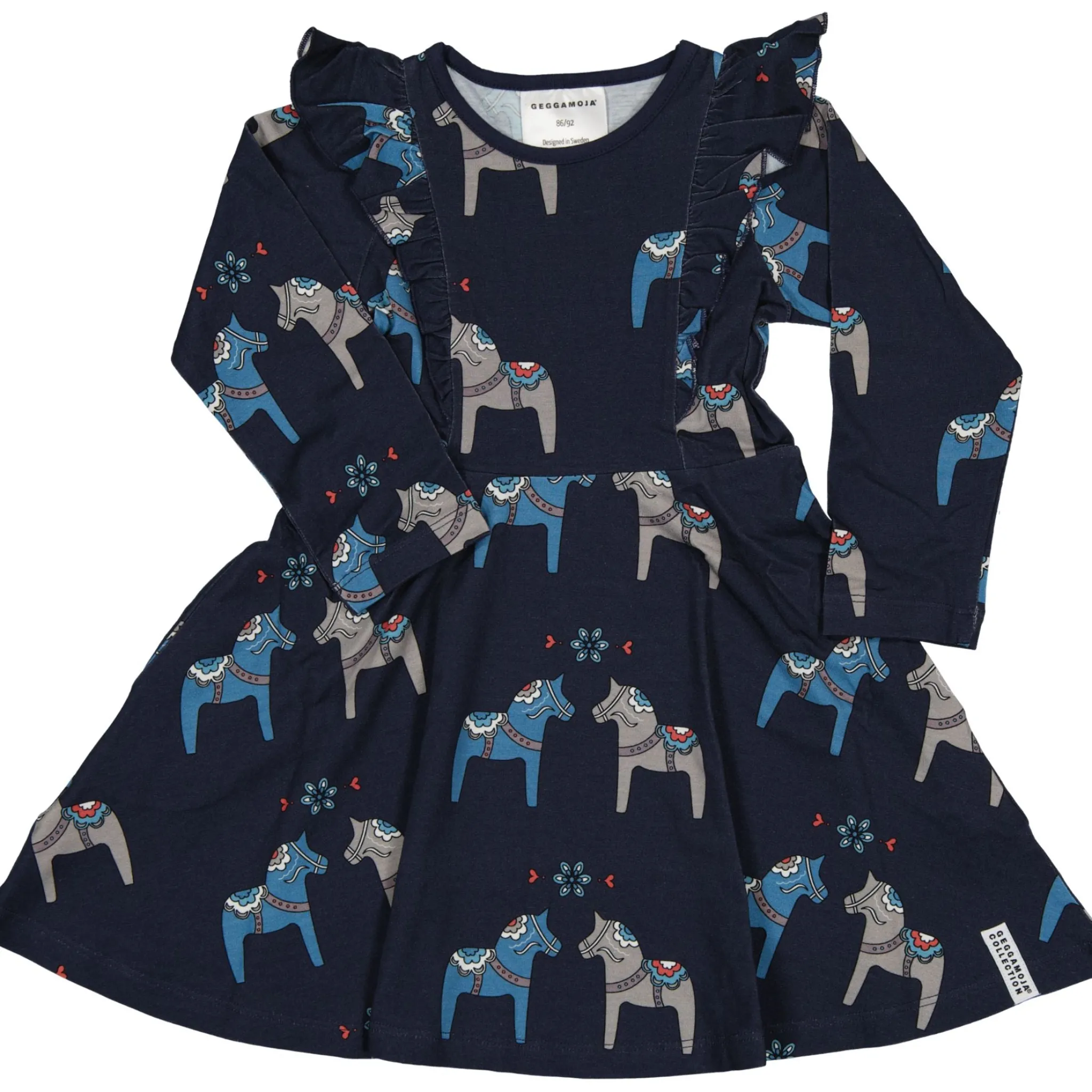 Barn Geggamoja Klänningar|Bambukläder<Snurrklänning Bambu Dalahäst Navy