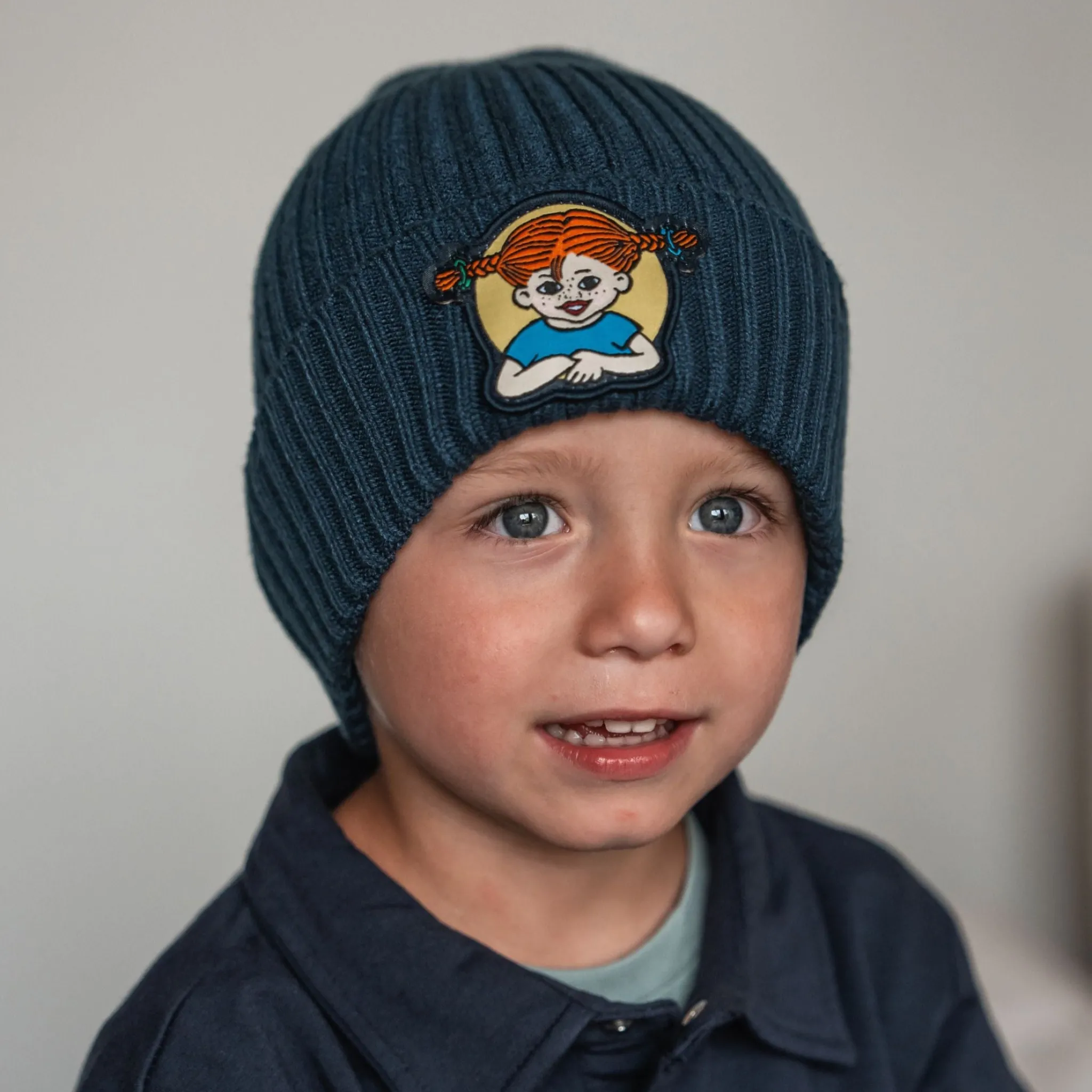 Barn Geggamoja Vintermössor<Stickad Mössa Pippi Långstrump Marinblå